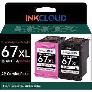 INKCLOUD Remanufactured Ink Cartridge Higher Yield Replacement for HP 67XL Printer Ink for HP 6055 6052 6058 6075 Pro 6455 6455e 6452 6458 1255 2732 2752 2755e 4140 4155(1 Black 1 Tri-Color, 2Pack)