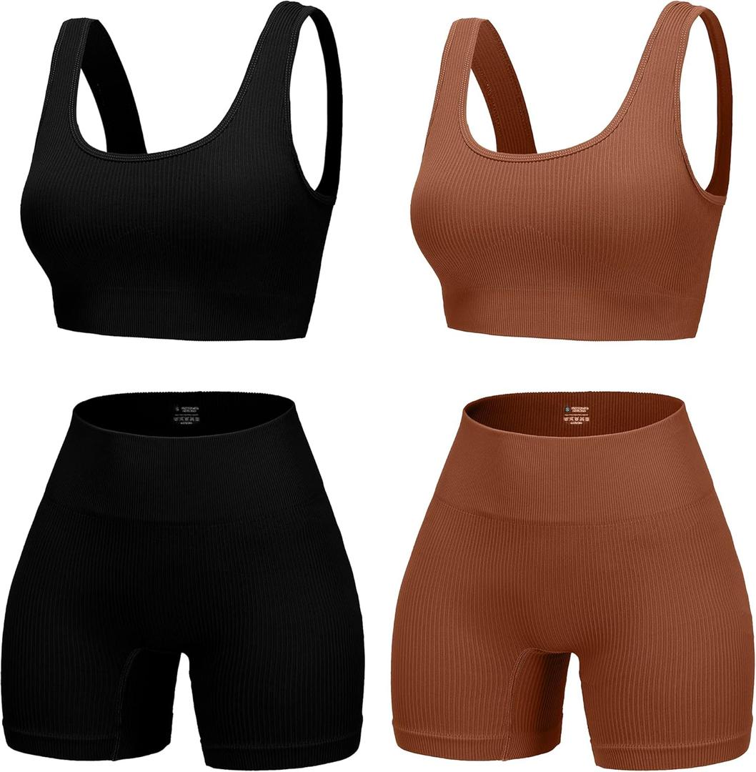 4 Piece Workout Sets for Women Seamless Ribbed High Waist Yoga shorts with Sports Bra Outfits (Large, Black/Brown)