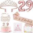 29th Birthday Decorations for Her Women, Including 29 year old Birthday Cake Topper, Birthday Queen Sash with Pearl Pin, Sweet Rhinestone Tiara Crown, Number Candles and Balloons Set, Rose Gold