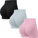 OVESPORT 3 Pack Seamless Women Workout Shorts Scrunch Butt Lifting Gym Booty Biker Shorts (Medium, Pink/Light Grey/Black)
