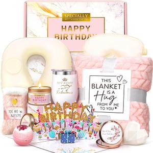 Birthday Gifts for Women, Unique Spa Birthday Gift Basket with Blanket for Women - Happy Birthday Gifts for Her, Mom, Sister, Teacher, Girlfriend, Coworker, Wife, Bestie, BFF (Pink)