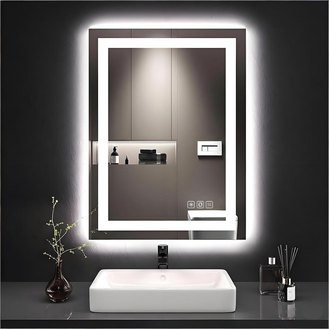 18X24 inches Rectangular LED Bathroom Mirror with Lights, Anti-Fog, Dimmable, Backlit + Front Lit, Lighted Bathroom Vanity Mirror for Wall, Memory Function, Tempered Glass, Shatter-Proof