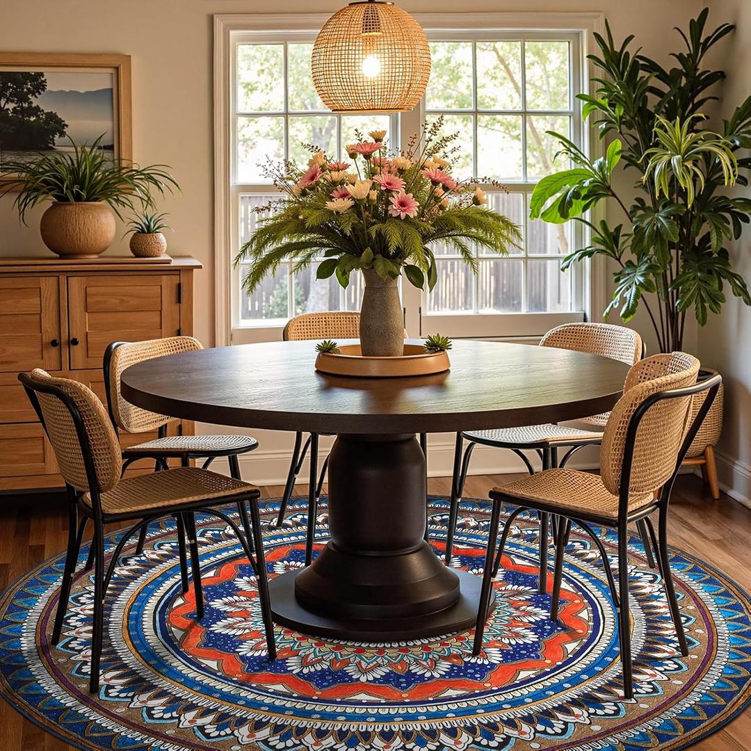 jinchan Mandala Round Rug 8ft Blue Rustic Boho Washable Rug Tribal 8' Round Vintage Peaceful Circle Rug Soft Non Slip Large Low-Profile Carpet for Dining Room Living Room Bedroom Patio, Saffron Blue