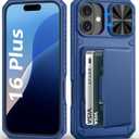 for iPhone 16 Plus Case with Card Holder (4-5 Cards), Slide Camera Cover, Military Grade Drop & RFID Protection, Shockproof Heavy Duty Rugged Women Men Wallet Phone Case for iPhone 16 Plus, Blue