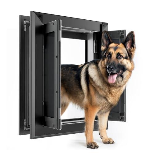 【PATAPLUS】 Aluminum French Large Dog Door,Strong Double Magnetic Flaps,with Aluminum Telescoping Tunnel Heavy-Duty Do g Door for L arge and Medium Dog Up to 110LBS (Large,Black)