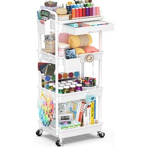 4 Tier Rolling Utility Cart with Drawer, Storage Organizer Cart with 2 Lockable Wheels, Multifunctional Rolling Storage Cart for Bathroom, Kitchen, Craft, Makeup, Baby Essentials, White