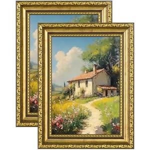 eletecpro 5x7 Picture Frames Set of 2, Vintage Photo Frames with Glass, Display 4x6 Photo with Mat or 5x7 without Mat for Tabletop or Wall Decor, Gold