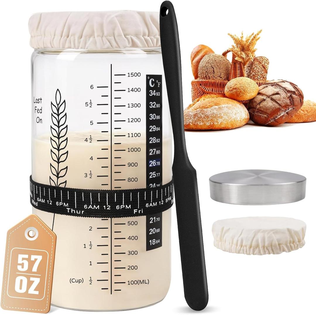 57oz Sourdough Starter Jar Kit, Extra Large Capacity Sourdough Jar, Wide Mouth Sourdough Bread Starter Kit for Perfect Sour Dough Bread, Aluminum Lid for 2 Storage Options, Glass Jar for Baker (Black)