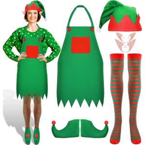 Haysandy 6 Pack Christmas Elf Costume Women Elf Apron Santa's Helper Hat Shoes Socks Ears Xmas Outfit for Adults(1 Set)
