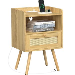 SUPERJARE Nightstand with Charging Station & Rattan-Like Decor Drawer, Solid Wood Feet - Teak, 8621TC