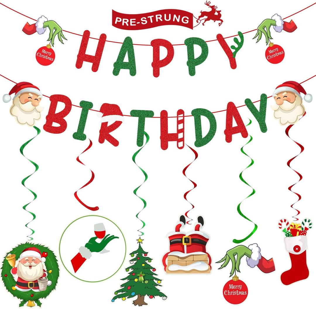 Christmas Birthday Party Decorations – Glittery Happy Birthday Banner, Christmas Hanging Swirls with Christmas Ornaments for Christmas Decorations, Christmas Birthday Decorations