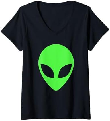 Womens Green Alien Head 90's Style Funny Alien V-Neck T-Shirt XL