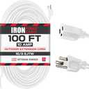 Iron Forge Cable Weatherproof 100 Ft Outdoor Extension Cord - 16/3 SJTW Heavy Duty White Extension Cord 3 Prong - 13 Amp Exterior Power Cable
