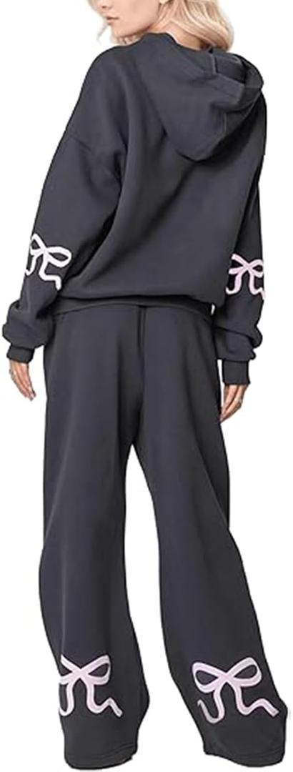 XBTCLXEBCO Bow Print Sweat Set for Women Oversized Sweatshirt and Sweatpants 2 Piece Lounge Set Fall Matching Tracksuit (Medium, Dark Grey)