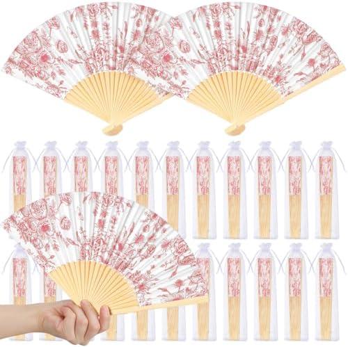 25 Sets Pink Flower Hand Folding Fans with Organza Bags Bulk, Guests Pink Floral Paper Fans Wedding Favors Decorations for Bridal Shower Garden Wedding Bridesmaid Party Gift