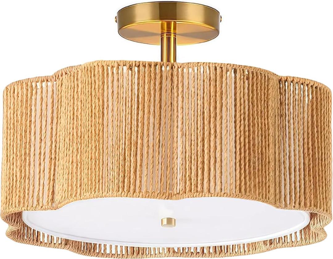 13.4" Rattan Flush Mount Ceiling Light Fixtures,3-Light Boho Light Fixtures Ceiling Mount for Bedroom,Small Rattan Chandelier,Gold Mini Chandelier Lighting for Dining Room Hallway Kitchen