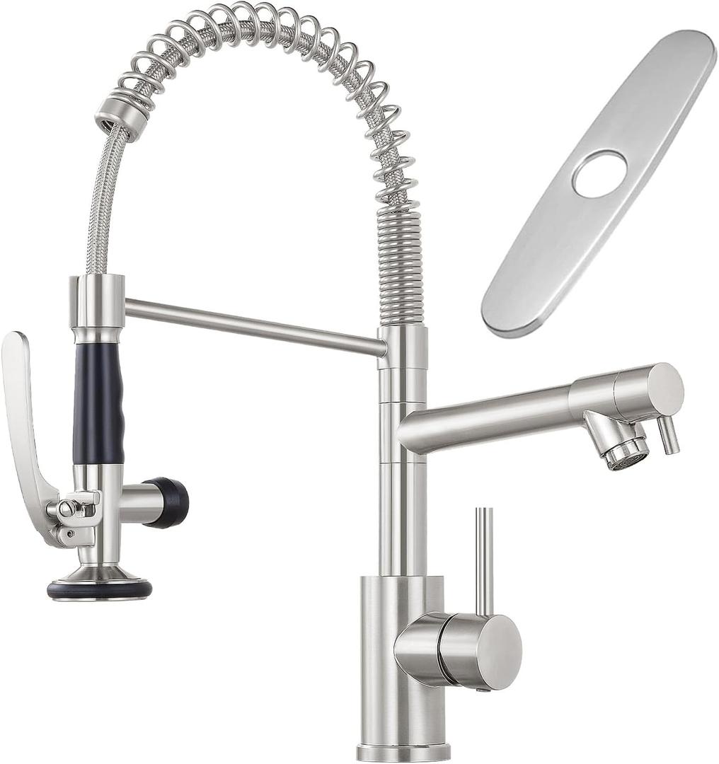 Commercial Kitchen Faucet with Pull Down Sprayer, Stainless Steel Kitchen Sink Faucet with Deck Plate, Single Handle Spring Kitchen Faucets (Brush Nickel)