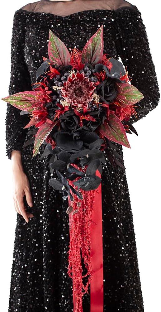 12 Inch Cascade Wedding Bouquets for Bride, Black & Burgundy Cascading Bridal Bouquet for Wedding Silk Artificial Flowers 12 Inch Cascade Wedding Bouquets for Bride, Black & Burgundy Cascading Bridal Bouquet for Wedding Silk Artificial Flowers