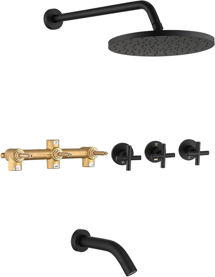 PROOX 3 Handle Tub Shower Faucet Set, 10" Rainfall Shower Head with Tub and Shower Trim Kit with Roughin Valve, Matte Black Bathtub Shower Faucets, Wall Mounted Bathroom Rain Shower System
