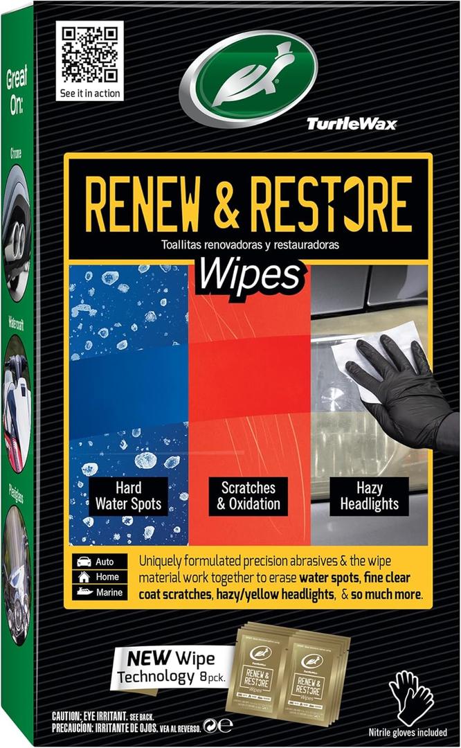 2 x Turtle Wax 54349 Renew and Restore Wipes, Car Paint Scratch Removal, Works on Water Spots, Headlight Oxidation, Glass, Metal and More, Pack of 8 Wipes