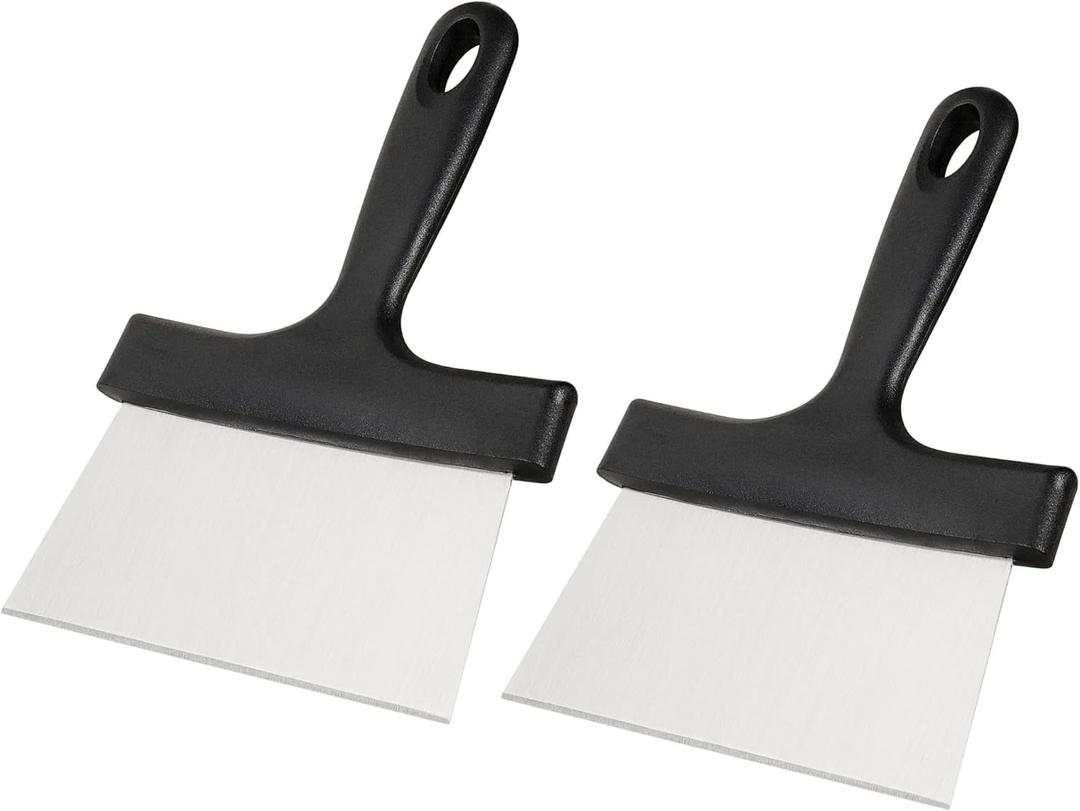 Grill Scraper 2 Pack Stainless Steel Griddle Scraper with 5" Plastic Handle Versatile Food Scraper Tool for Flat Top Teppanyaki BBQ Blackstone Griddle Accessories (6.4  9 Inch (2 Packs))