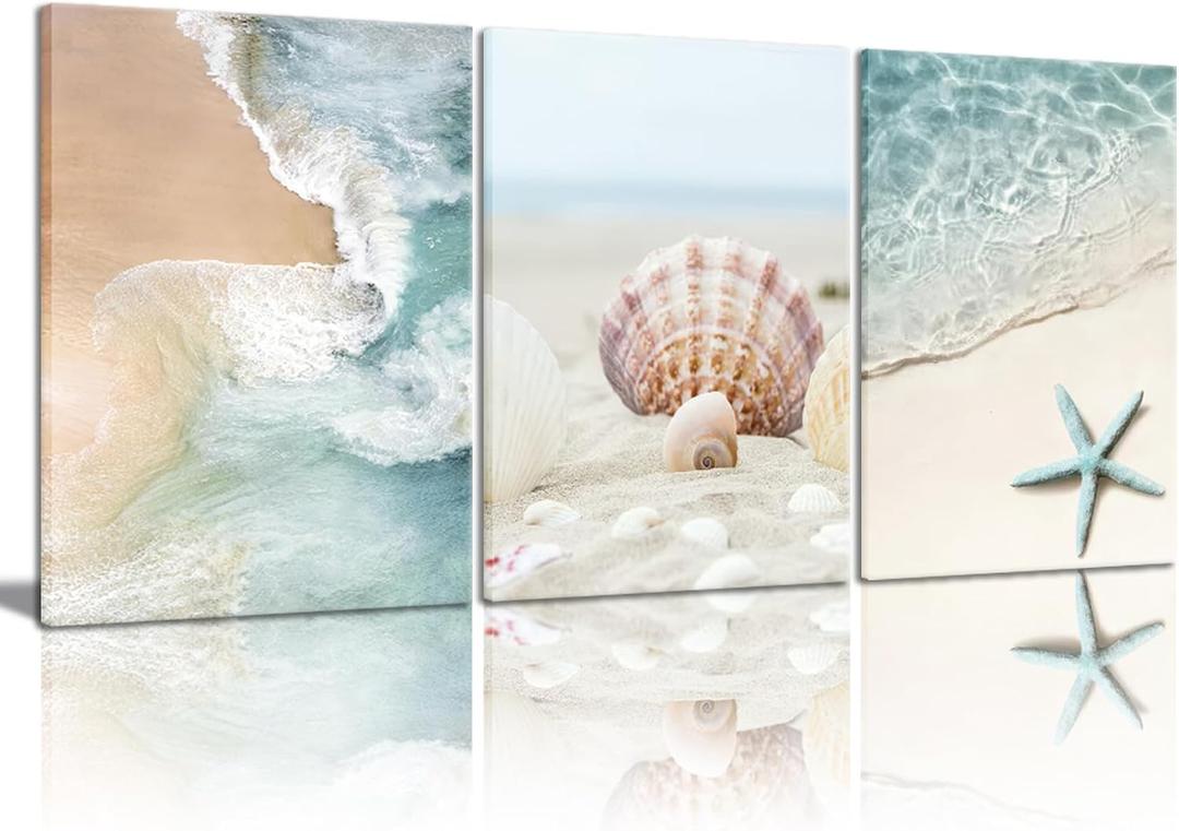 3pcs Beach Coast Canvas Wall Art Summer Beach Ocean Waves Shells Starfish Print Decoration Painting Blue Ocean Posters Prints for Living Room Bedroom Kitchen Sea View Room Wall Decor 16×24Inch, 16×24Inch Framed