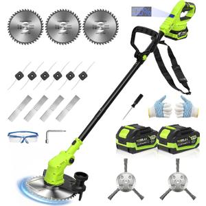 21V Lightweight Weed Wacker, Cordless String Trimmer & Brush Cutter with Edging Wheels, 4-in-1 Electric, 2x 4.0Ah Battery & LCD Display & Strap, Foldable Edger with Wire Brush for Patio & Yard