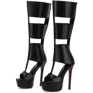 FancyQueen Platform Knee High Sandals for Women, Gladiator Open Toe Summer Booties Black Heels Sandal Boots, Sexy Style Casual for Party (9)