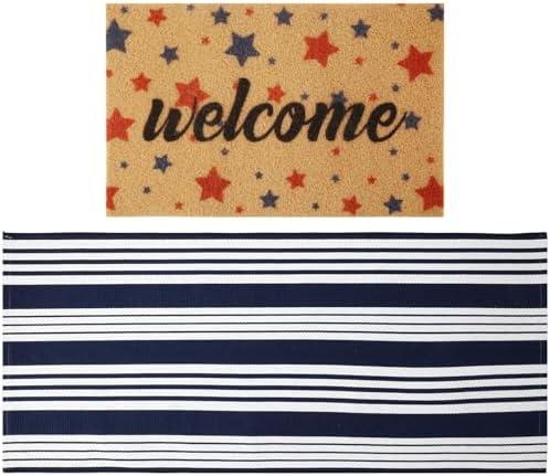 Maasechs 2 Pcs 4th of July Doormat 24'' x 51'' Patriotic Outdoor Rug and 18'' x 28'' Red Blue Star Coir Doormat Welcome Mat Independence Day Non Slip Floor Mat for Entrance Front Porch