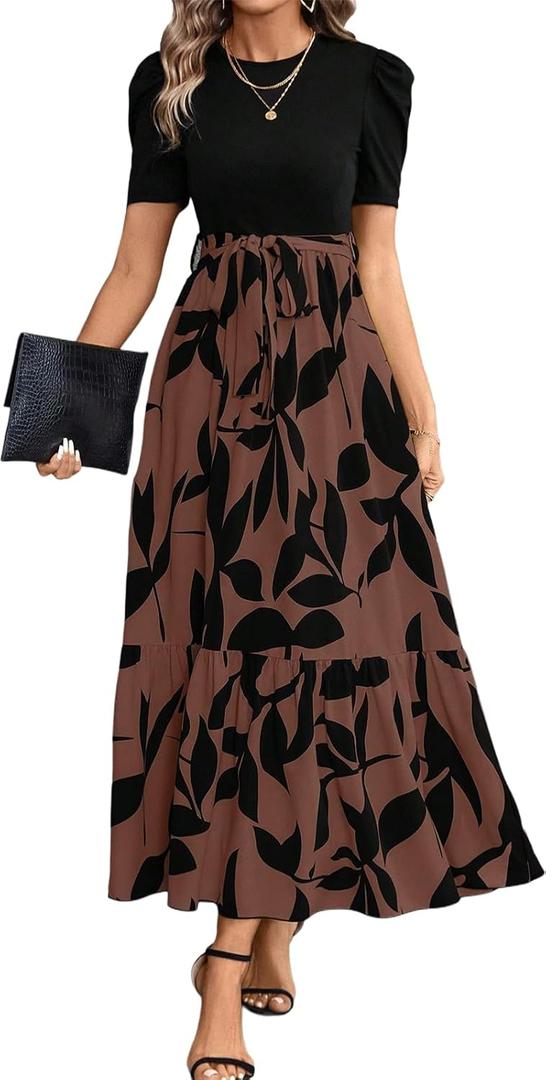 PerZeal Women's Casual Summer Crewneck A Line Short Sleeve Print Flowy Boho Long Maxi Dress with Belt Leaves Brown S