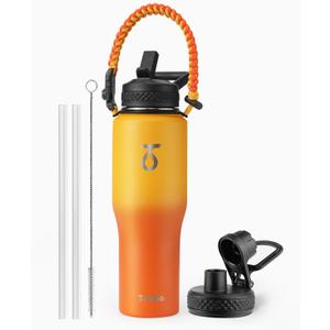 Trebo 32oz Insulated Water Bottle that Fits in Cup Holder, Stainless Steel Bottles Tumbler Double Wall Metal with Straw Spout Lids,Travel Flask with Paracord Handle, Sweat Proof Keep Cold &Hot,Orange