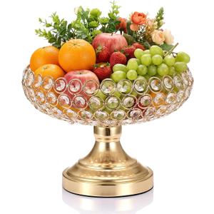 OwnMy Gold Crystal Fruit Bowl for Kitchen Counter, 10 Inch Large Decorative Bowl for Table Centerpieces, Crystal Candy Dish for Office Desk Home Decors, Metal Pedestal Bowl for Entryway Table