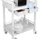 Beauty Trolley Cart with Wheels, Esthetician Cart with Handrail, Bucket and 2 Big Drawer, 2 Tier Heavy Duty Vacuum Therapy Machine Trolley, Load 330lbs, 360 Rotate Silent Wheels