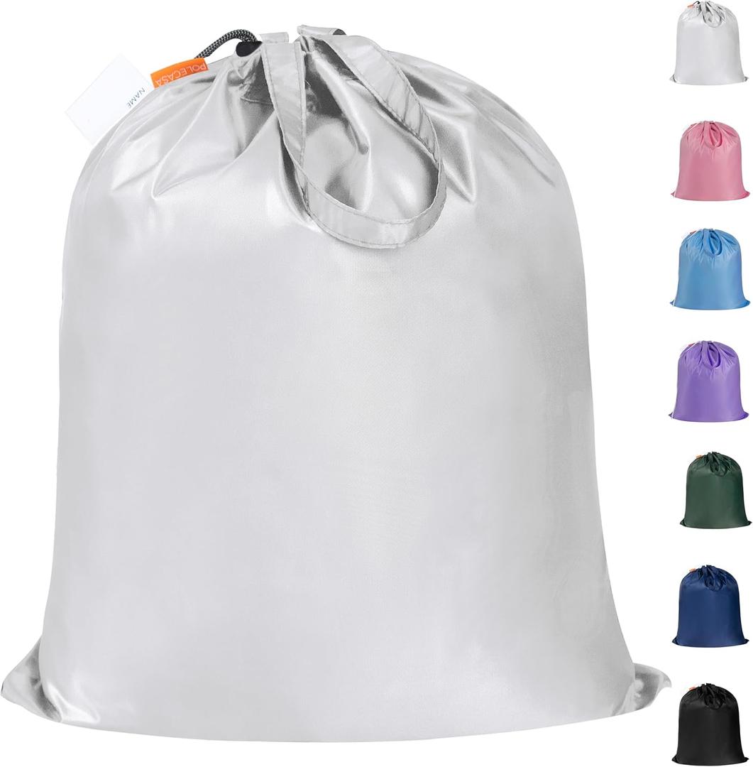 Polecasa Small Heavy Duty Laundry Bag with drawstring closure and Reinforced Handles, Easy to Carry Dirty Clothes Drawstring Bag for Travel, Camp 21x24, Silver