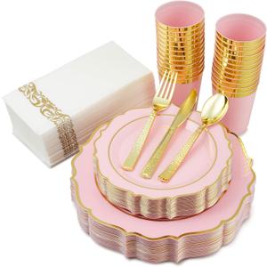 175PCS Pink Plates and Napkins Party Supplies - 50 Disposable Plates, 25 Cups, 75 Gold Silverware, 25 Napkins, Pink Disposable Plates for Weddings, Baby Shower & Party