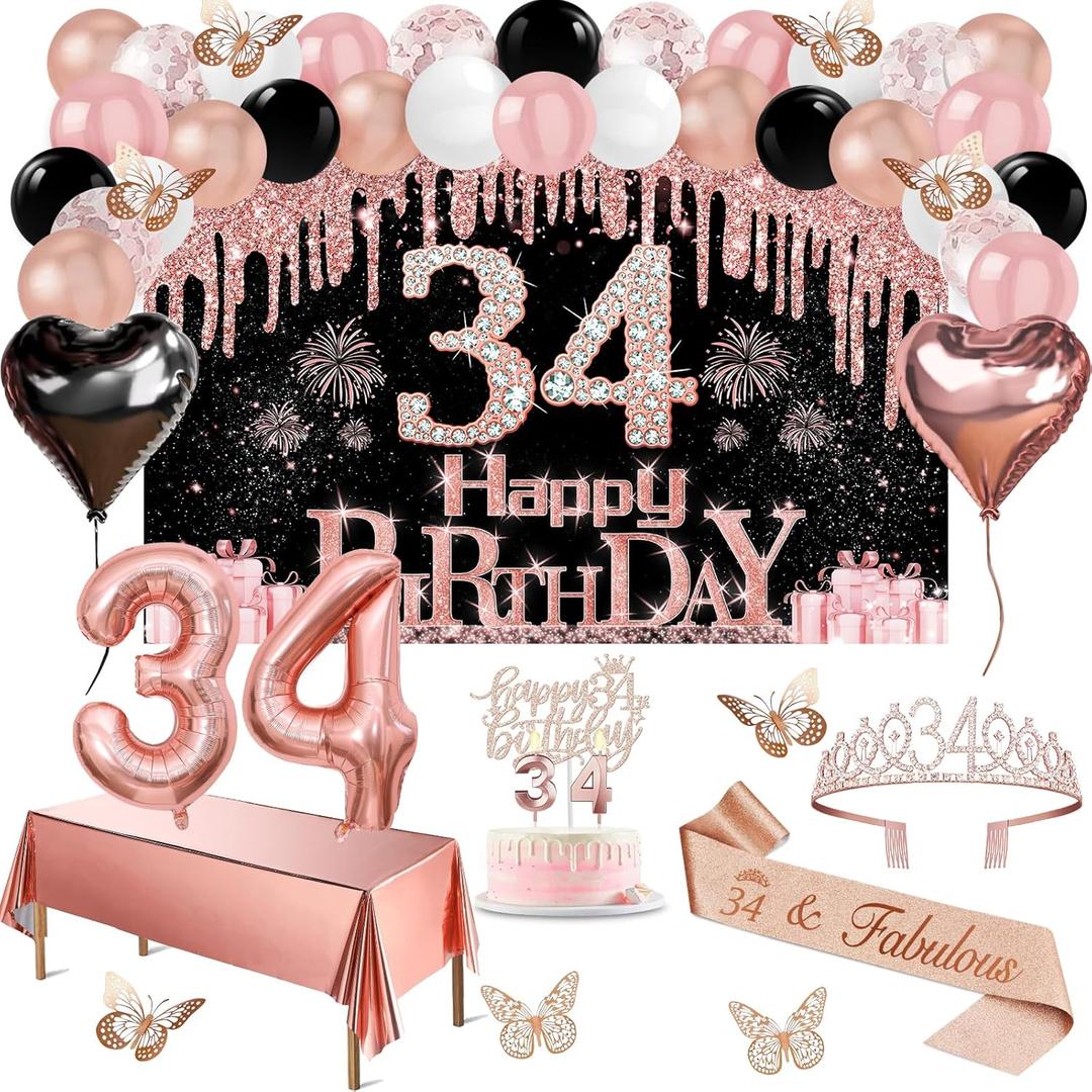 34th Birthday Decorations for Women, 49pcs Black Rose Gold Black Happy 34th Birthday Banner, Tablecloth, Butterfly Decor, Sash and Tiara, Cake Topper, Candles, Balloons Arch