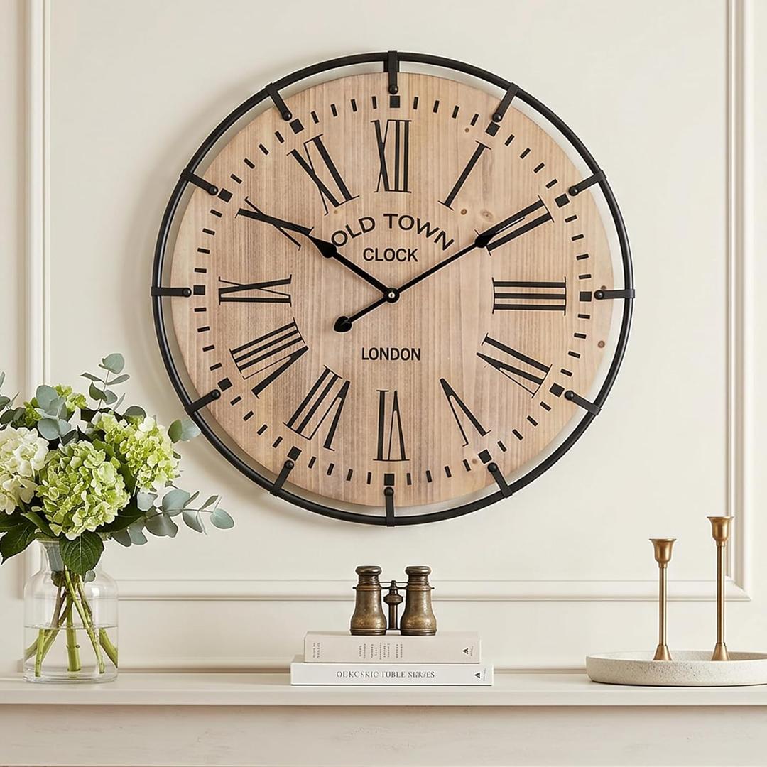 EMAX HOME 20 Inch Large Farmhouse Wall Clock, Light Wood Grain Face with Black Metal Frame, Silent Non-Ticking Quartz Movement, Easy-to-Read Roman Numerals, for Living Room, Bedroom, Kitchen.