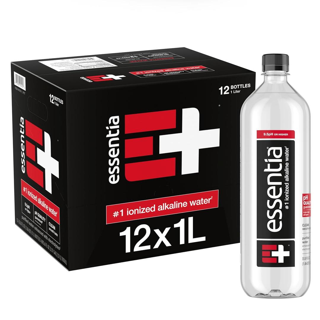 Essentia Water Bottled, Ionized Alkaline Water:99.9% Pure, Infused With Electrolytes, 9.5 pH Or Higher With A Clean, Smooth Taste, 1 Litre (Pack of 12) (BB: June 10, 2027)