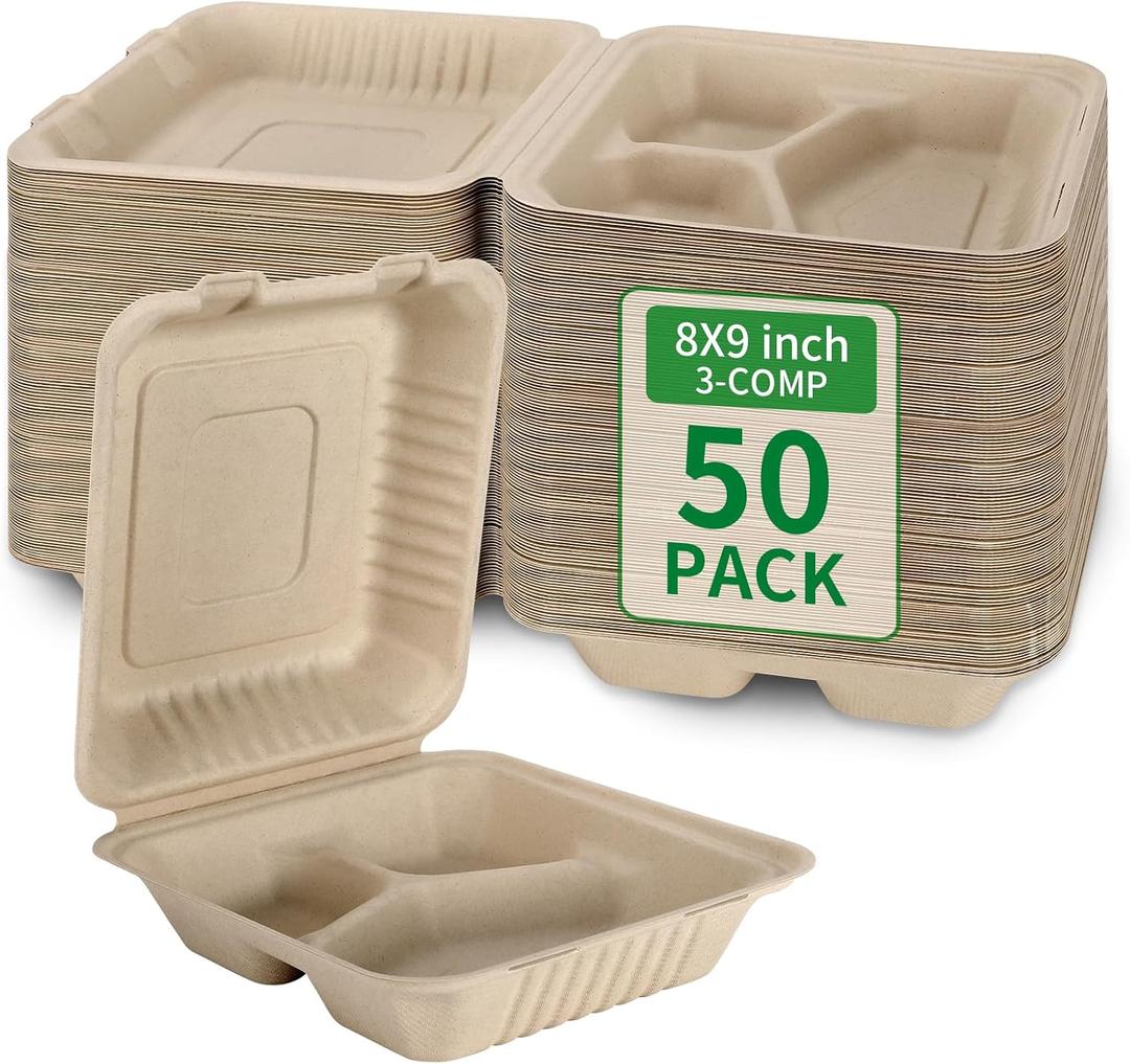Aricsen 50 Pack 3 Compartment Compostable 8x9 Inch Takeout Lunch Box Containers with Lid To Go Take Out Clamshell for Food, Disposable Eco-Friendly Biodegradable Bagasse, PFAS-Free, Brown