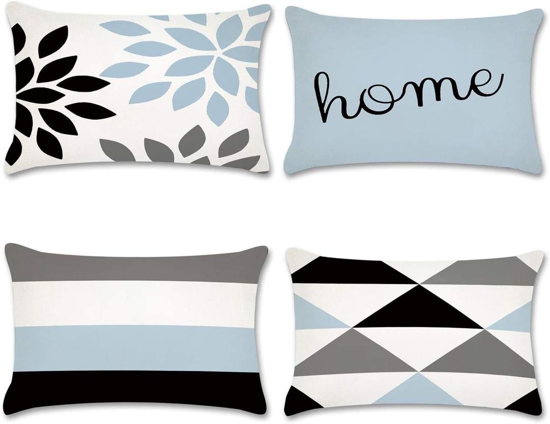 YeeJu Set of 4 Geometric Decorative Throw Pillow Covers Cotton Linen Square Cushion Covers Outdoor Couch Sofa Home Pillow Cases 12x20 Inch