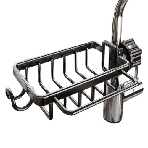 Kitchen Sink Faucet Organizer, Dish Sponge Holder Over Faucet Kitchen Sink Caddy Organizer with Hook for Bathroom, Scrubbers, Soap, Work with 0.7-1.1inch Round Water Pipe (Black,Left)