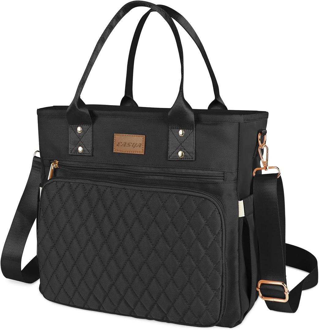 Large Insulated Lunch Bag for Work, Women's Nylon Thermal Lunch Box, Leakproof Cooler Tote Bag with Storage Pocket (Black)