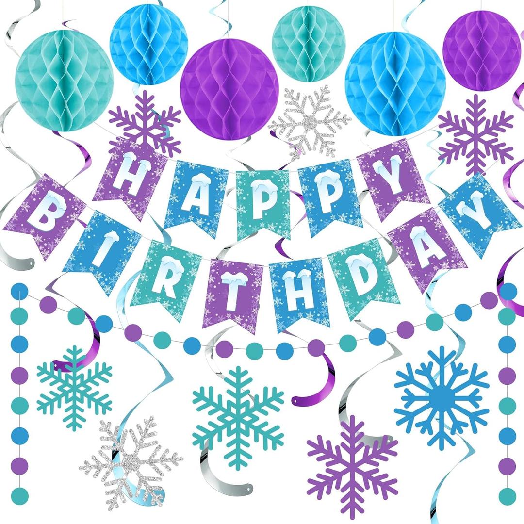 Funrous Frozen Snowflake Birthday Decorations Happy Birthday Banner Snowflake Hanging Swirls Purple Blue Honeycomb Balls Circle Dots Garland for Winter Wonderland Frozen Birthday Party Supplies