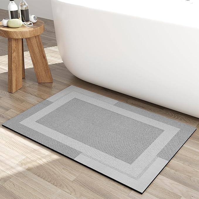 Ultra Thin Quick Dry Bath Mat Bathroom Rugs, Non Slip Rubber Backing Diatomaceous Earth Super Absorbent Bathroom Mat Shower Rug, Thin Bath Rug Fit Under Door Bathroom Floor, Gray 16"x 24"