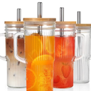 LUXULISH 24Oz Ribbed Glass Tumblers with Lids and Straws, Glass Tumbler with Handle, Vintage Glass Cups Thick Drinking Glasses Set of 4, Ideal for Iced Coffee, Smoothies, Cocktails, Tea and Juices
