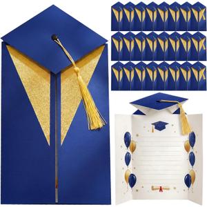 Gersoniel 24 Pcs 3D Graduation Card Bulk Set with Grad Cap Tassel 14.5 x 11 Inches Folding Congrats Cards - Congratulations Gift Card for High School College Nursing Kindergarten Graduates(Blue Gold)