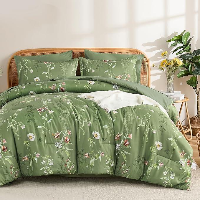 Drucon Comforter Set King Size, 7 Pieces Sage Green Floral Comforter Sets, Reversible Botanical Bed in a Bag Soft Lightweight Microfiber Bedding Sets for All Seasons (90"x104")