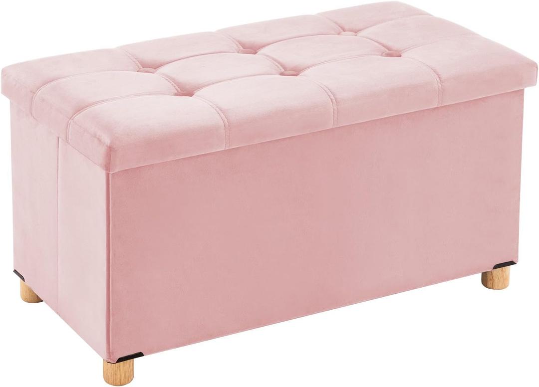 YOUDENOVA 30 Inches Folding Storage Ottoman Bench, Velvet Storage Chest, Footrest Couch with Wooden Legs, Support 350lbs for Bedroom, Living Room, Hallway, Pink, Clearance, 30"D x 15"W x 16.8"H