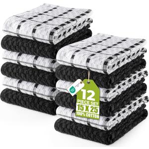 Utopia Towels - Kitchen Towels 12 Pack, 15 x 25 Inches, 100% Ring Spun Cotton Super Soft and Absorbent Linen Dish, Tea and Bar Towels Set, Black