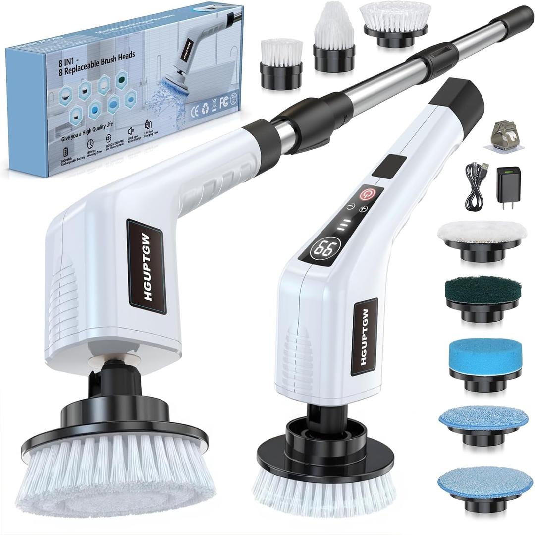 Electric Spin Scrubber, Cleaning Brushes for Household Use with 8 Replaceable Brush Heads, Power Scrubbers for Cleaning Bathroom, Extension Bath Brush Long Handle for Shower, Tub, Kitchen, Tile, Floor (White)